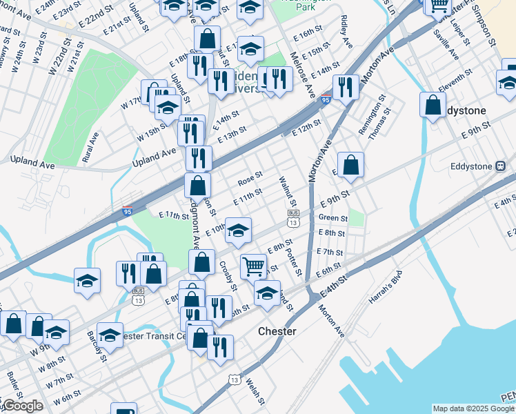 map of restaurants, bars, coffee shops, grocery stores, and more near 434 East 10th Street in Chester