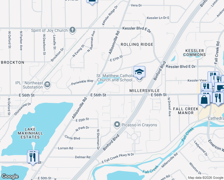 map of restaurants, bars, coffee shops, grocery stores, and more near 3836 Arbor Green Lane in Indianapolis