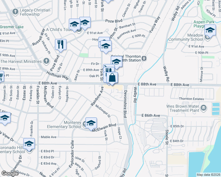 map of restaurants, bars, coffee shops, grocery stores, and more near 2221 Devonshire Court in Denver