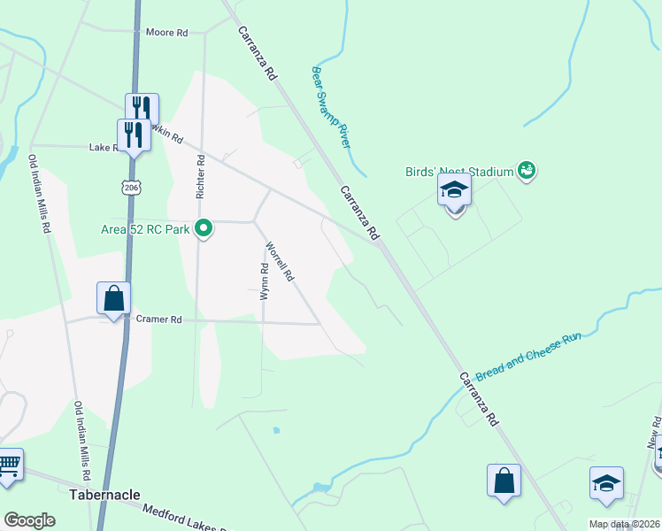 map of restaurants, bars, coffee shops, grocery stores, and more near 7 Riedel Drive in Tabernacle