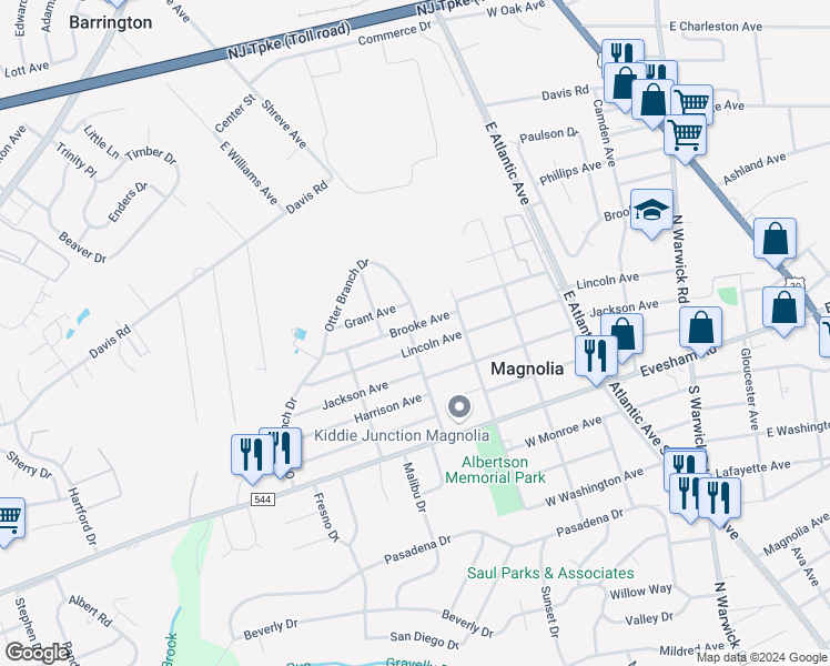 map of restaurants, bars, coffee shops, grocery stores, and more near 600 Lincoln Avenue in Magnolia