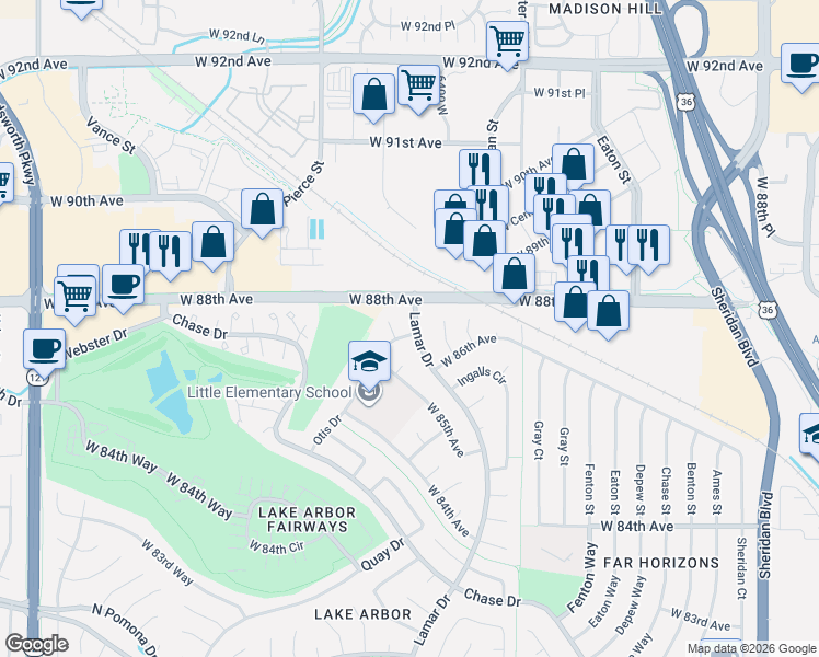 map of restaurants, bars, coffee shops, grocery stores, and more near 8688 Otis Drive in Arvada