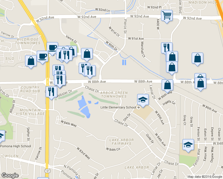 map of restaurants, bars, coffee shops, grocery stores, and more near 8749 Chase Drive in Arvada