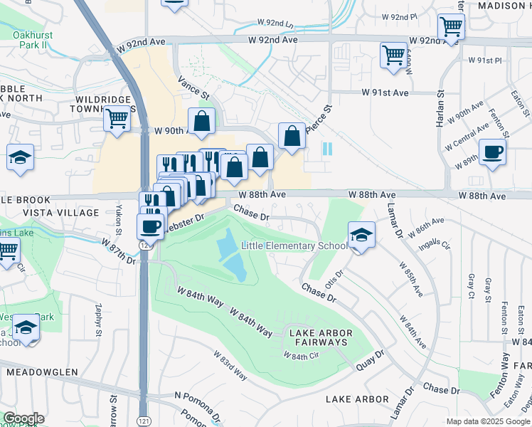 map of restaurants, bars, coffee shops, grocery stores, and more near 8783 Chase Drive in Arvada