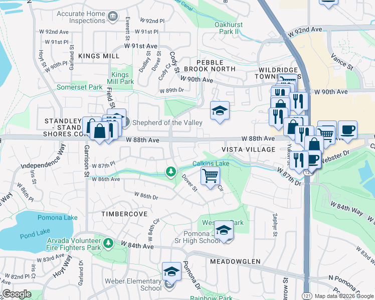 map of restaurants, bars, coffee shops, grocery stores, and more near 8648 Carr Loop in Westminster