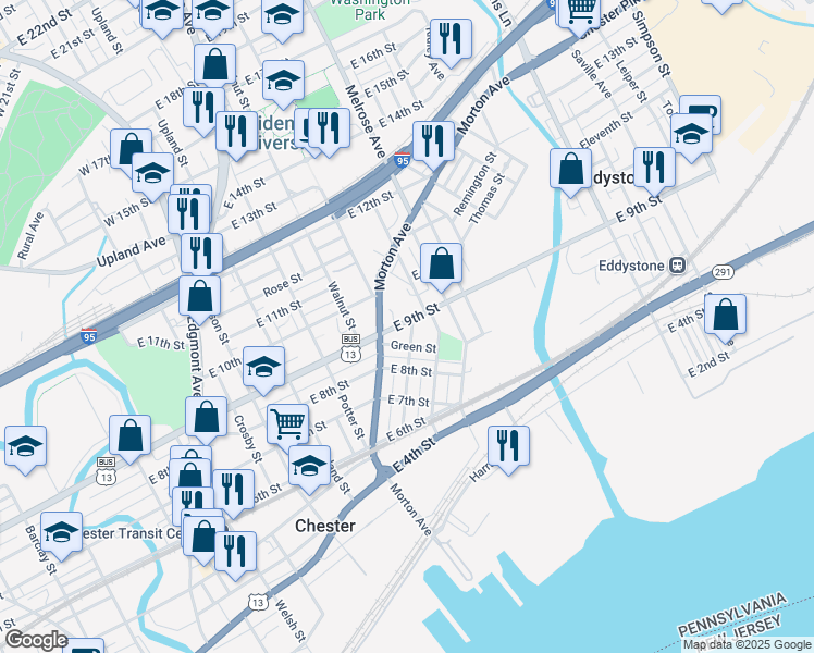 map of restaurants, bars, coffee shops, grocery stores, and more near 628 Green Street in Chester