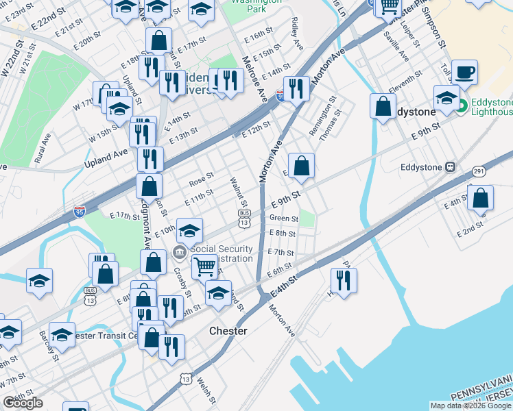 map of restaurants, bars, coffee shops, grocery stores, and more near 547 9th Street in Chester