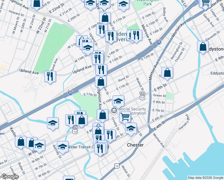 map of restaurants, bars, coffee shops, grocery stores, and more near 326 East 10th Street in Chester