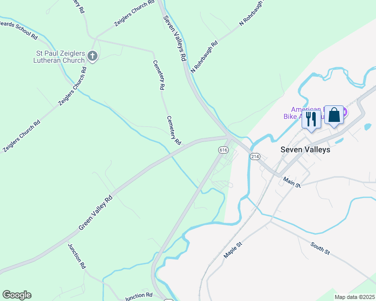 map of restaurants, bars, coffee shops, grocery stores, and more near 3760 Green Valley Road in Seven Valleys