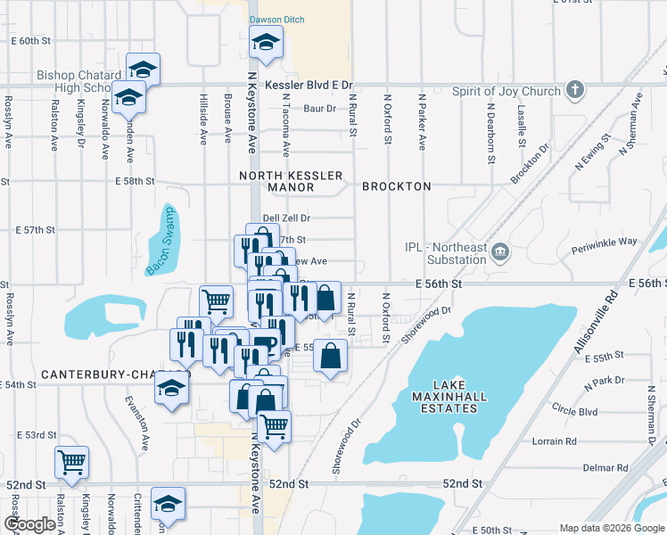 map of restaurants, bars, coffee shops, grocery stores, and more near 2723 East 56th Street in Indianapolis