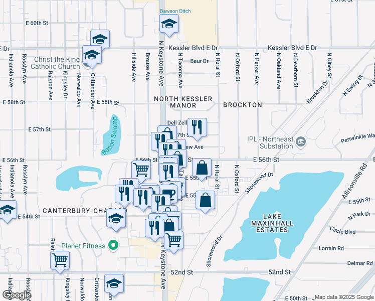 map of restaurants, bars, coffee shops, grocery stores, and more near 2628 East 56th Street in Indianapolis