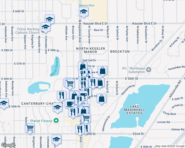 map of restaurants, bars, coffee shops, grocery stores, and more near 2628 East 56th Street in Indianapolis