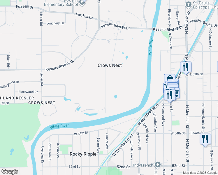 map of restaurants, bars, coffee shops, grocery stores, and more near 5605 Sunset Lane in Indianapolis