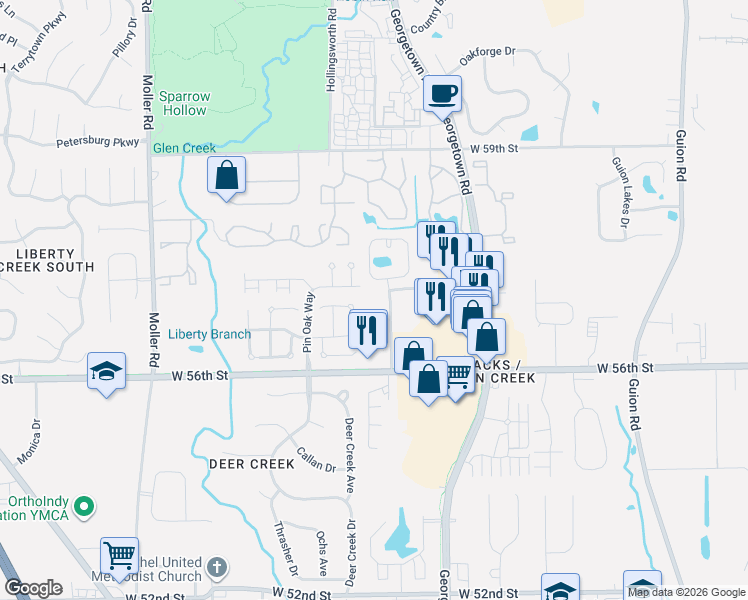 map of restaurants, bars, coffee shops, grocery stores, and more near 5645 Hyacinth Way in Indianapolis