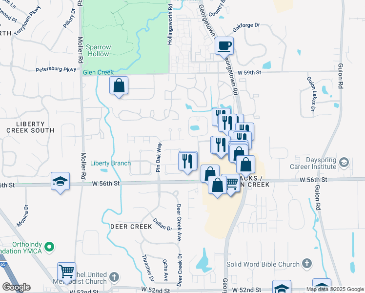 map of restaurants, bars, coffee shops, grocery stores, and more near 5645 Hyacinth Way in Indianapolis