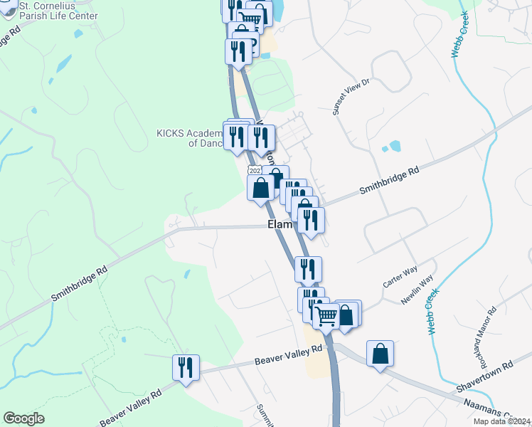 map of restaurants, bars, coffee shops, grocery stores, and more near 334 Wilmington West Chester Pike in Glen Mills