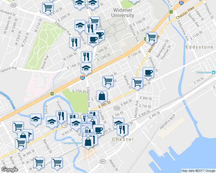 map of restaurants, bars, coffee shops, grocery stores, and more near 1019 Upland Street in Chester