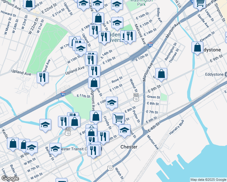 map of restaurants, bars, coffee shops, grocery stores, and more near 1019 Upland Street in Chester
