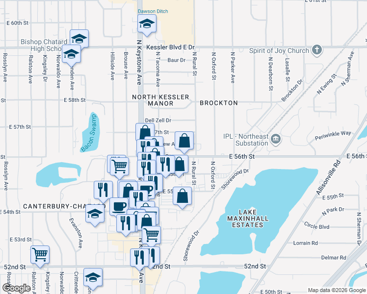 map of restaurants, bars, coffee shops, grocery stores, and more near 2723 East 56th Street in Indianapolis