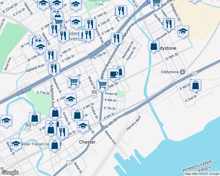 map of restaurants, bars, coffee shops, grocery stores, and more near 631 East 9th Street in Chester