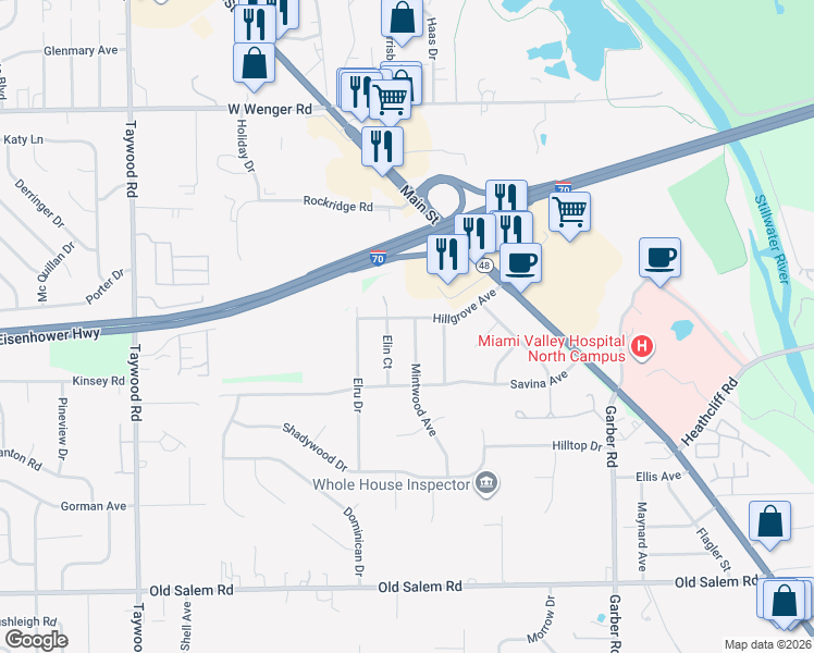 map of restaurants, bars, coffee shops, grocery stores, and more near 7500 Elin Court in Dayton