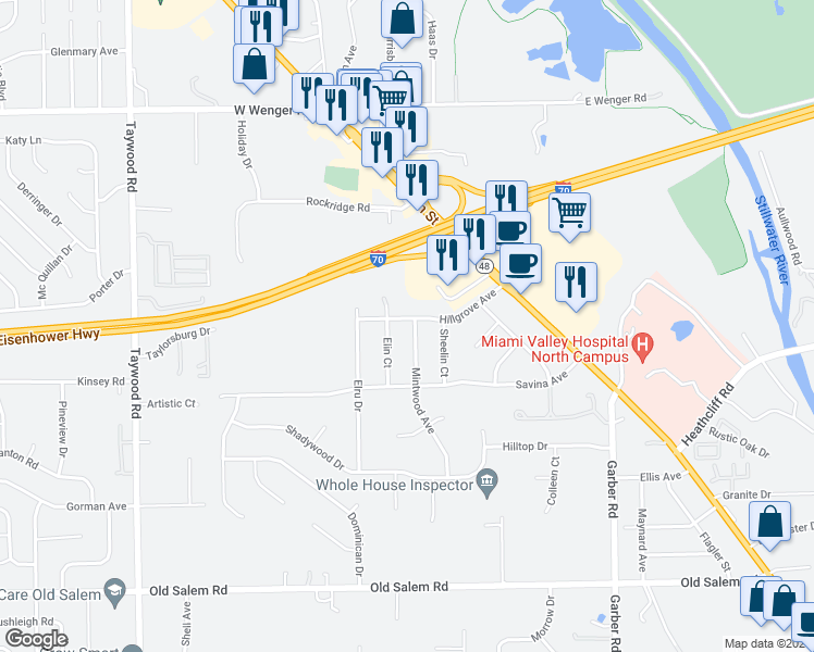 map of restaurants, bars, coffee shops, grocery stores, and more near 7541 Mintwood Avenue in Dayton