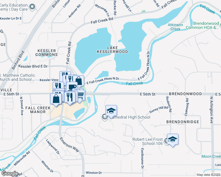 map of restaurants, bars, coffee shops, grocery stores, and more near 5250 East 56th Street in Indianapolis