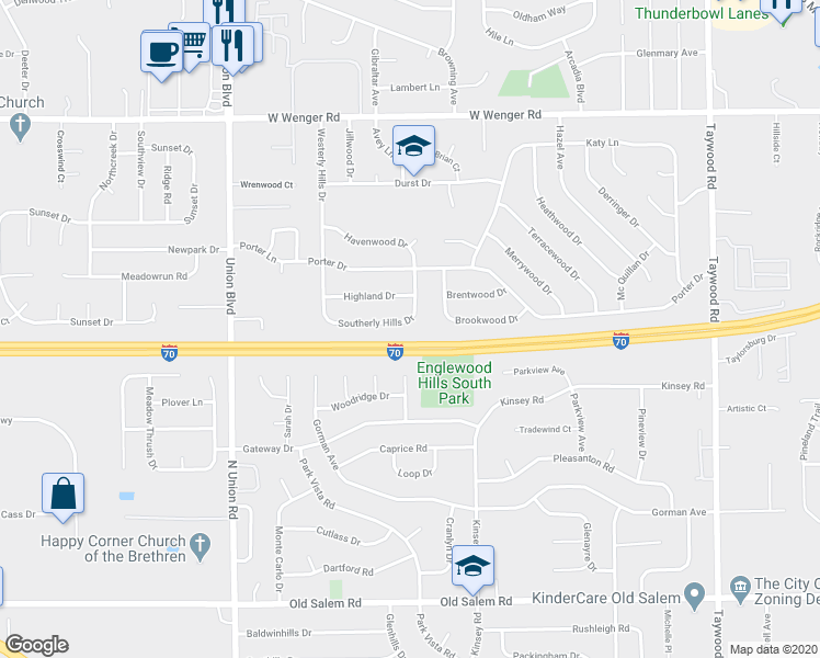 map of restaurants, bars, coffee shops, grocery stores, and more near 216 Southerly Hills Drive in Englewood