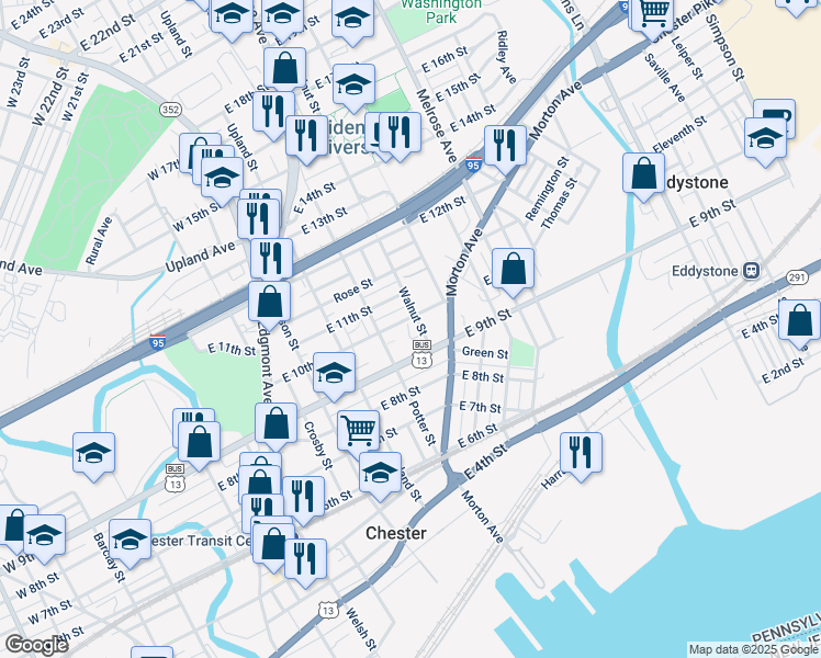 map of restaurants, bars, coffee shops, grocery stores, and more near 512 9th Street in Chester