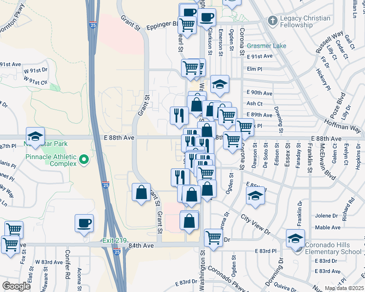 map of restaurants, bars, coffee shops, grocery stores, and more near 8775 Washington Street in Thornton