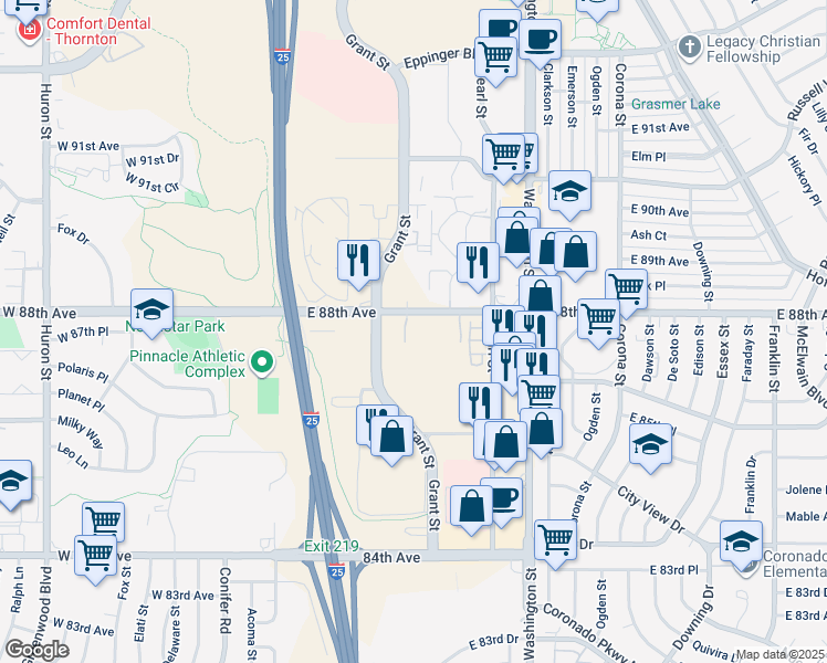 map of restaurants, bars, coffee shops, grocery stores, and more near 368 East 88th Avenue in Thornton