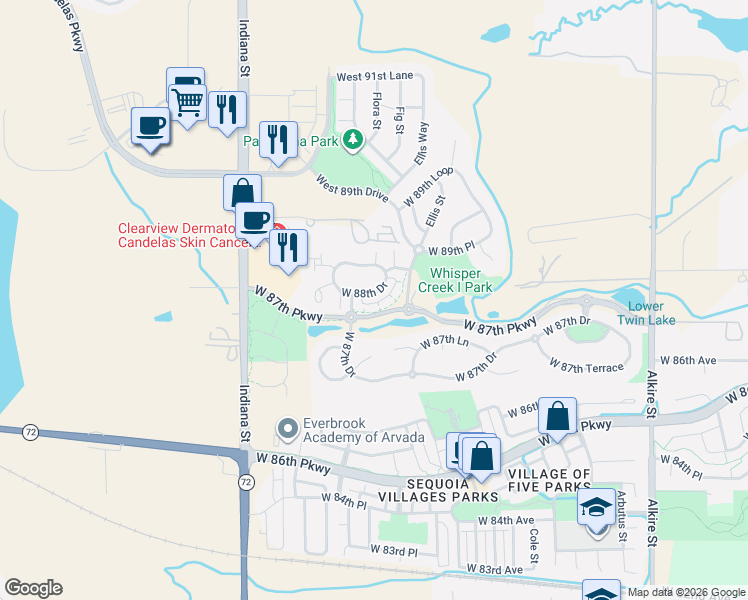 map of restaurants, bars, coffee shops, grocery stores, and more near 8784 Ellis Court in Arvada