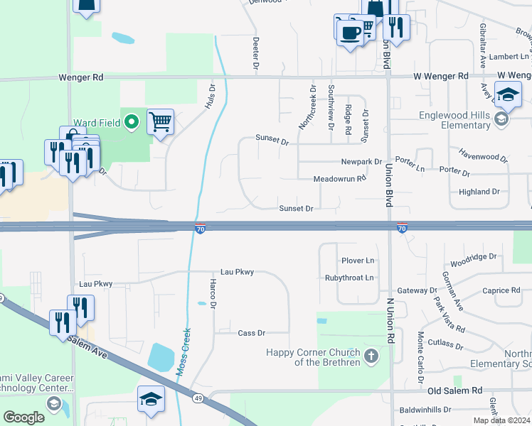 map of restaurants, bars, coffee shops, grocery stores, and more near 1110 Sunset Drive in Englewood