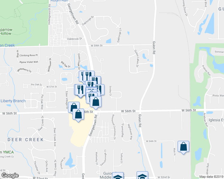 map of restaurants, bars, coffee shops, grocery stores, and more near 4550 Riverbrook Lane in Indianapolis