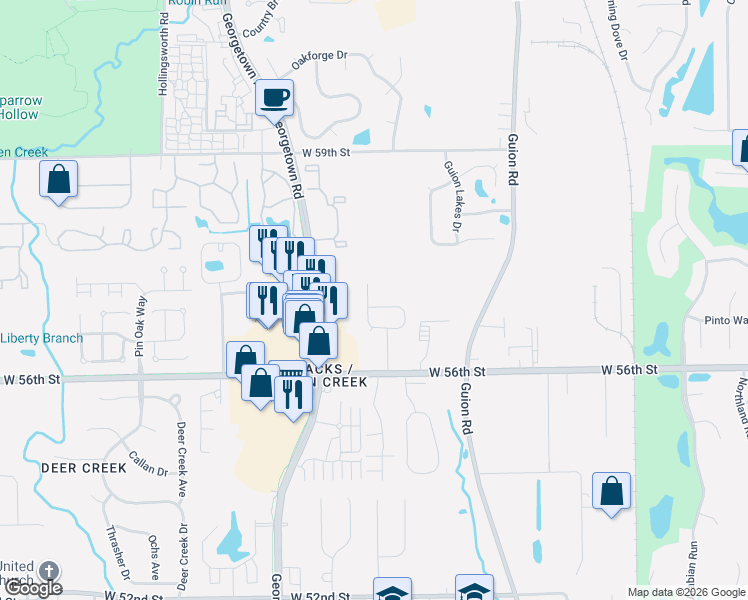 map of restaurants, bars, coffee shops, grocery stores, and more near 5662 Ensley Court in Indianapolis