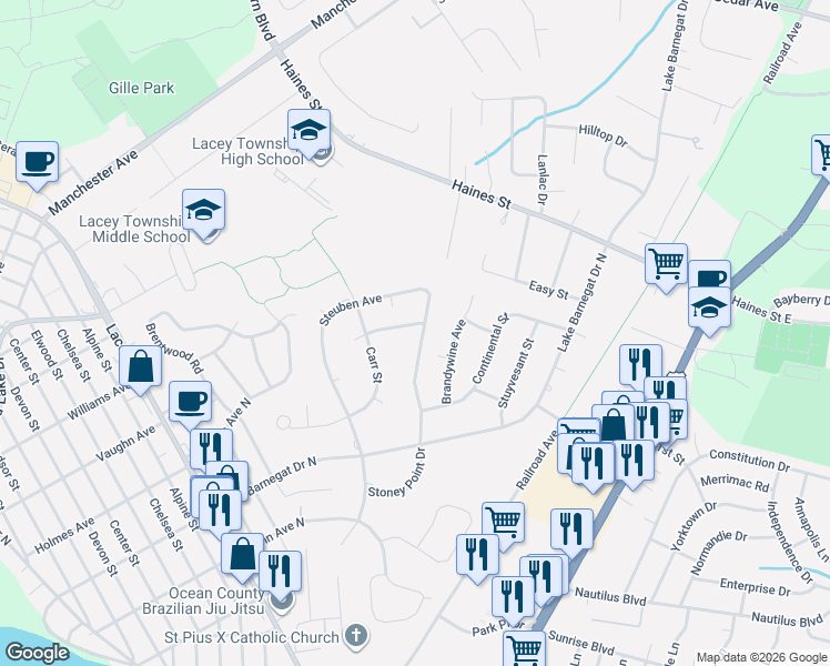 map of restaurants, bars, coffee shops, grocery stores, and more near 455 Steuben Avenue in Lacey Township