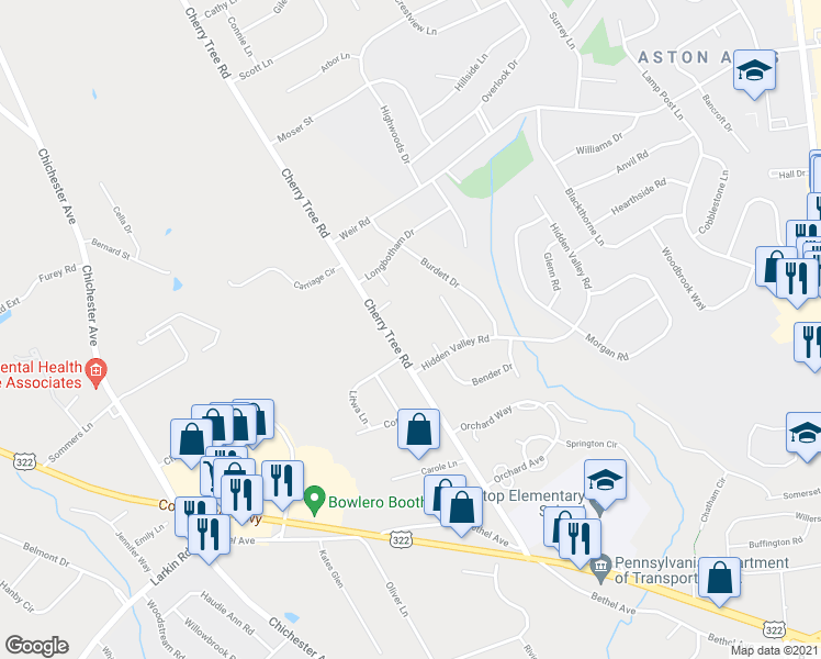 map of restaurants, bars, coffee shops, grocery stores, and more near 777 Cherry Tree Road in Delaware County