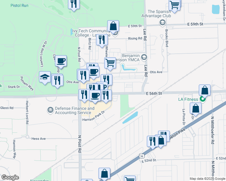 map of restaurants, bars, coffee shops, grocery stores, and more near 9221 Otis Avenue in Indianapolis