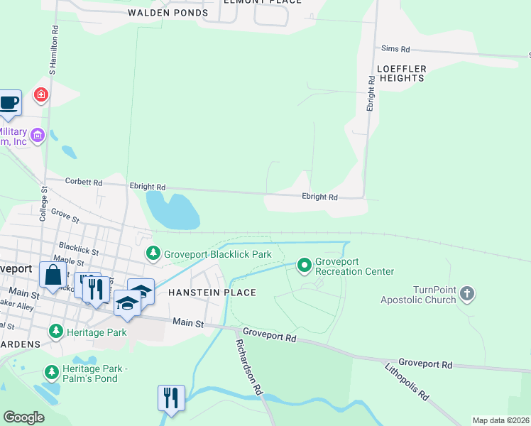 map of restaurants, bars, coffee shops, grocery stores, and more near 6080 Ebright Road in Groveport