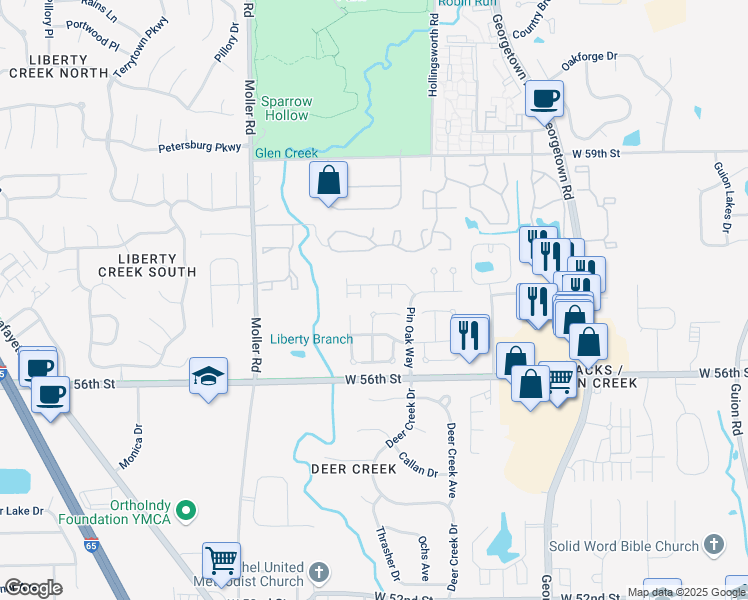 map of restaurants, bars, coffee shops, grocery stores, and more near 5222 Pin Oak Drive in Indianapolis