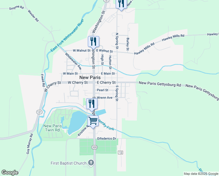 map of restaurants, bars, coffee shops, grocery stores, and more near 208 East Cherry Street in New Paris