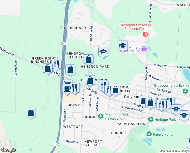 map of restaurants, bars, coffee shops, grocery stores, and more near 5190 Orchard End in Groveport