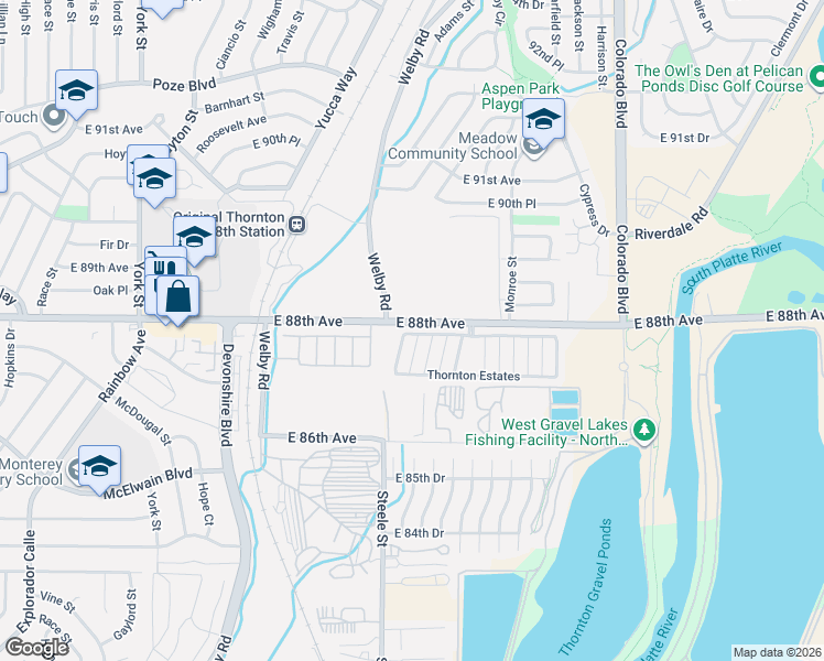 map of restaurants, bars, coffee shops, grocery stores, and more near 3602 East 88th Avenue in Thornton