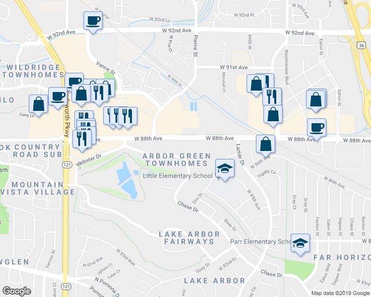 map of restaurants, bars, coffee shops, grocery stores, and more near 8771 Pierce Way in Arvada