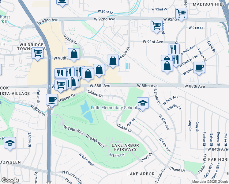 map of restaurants, bars, coffee shops, grocery stores, and more near 8771 Pierce Way in Arvada