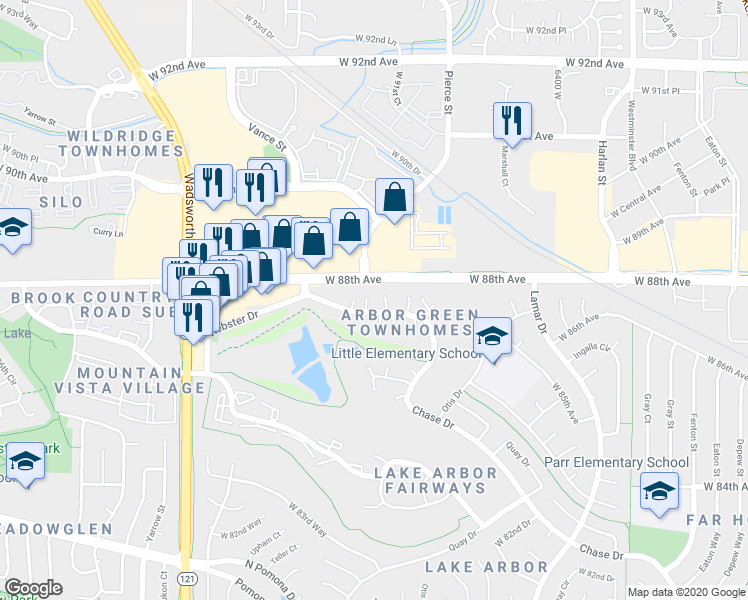 map of restaurants, bars, coffee shops, grocery stores, and more near in Arvada