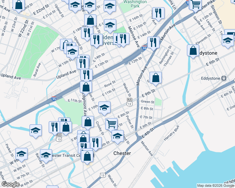 map of restaurants, bars, coffee shops, grocery stores, and more near 1109 Potter Street in Chester