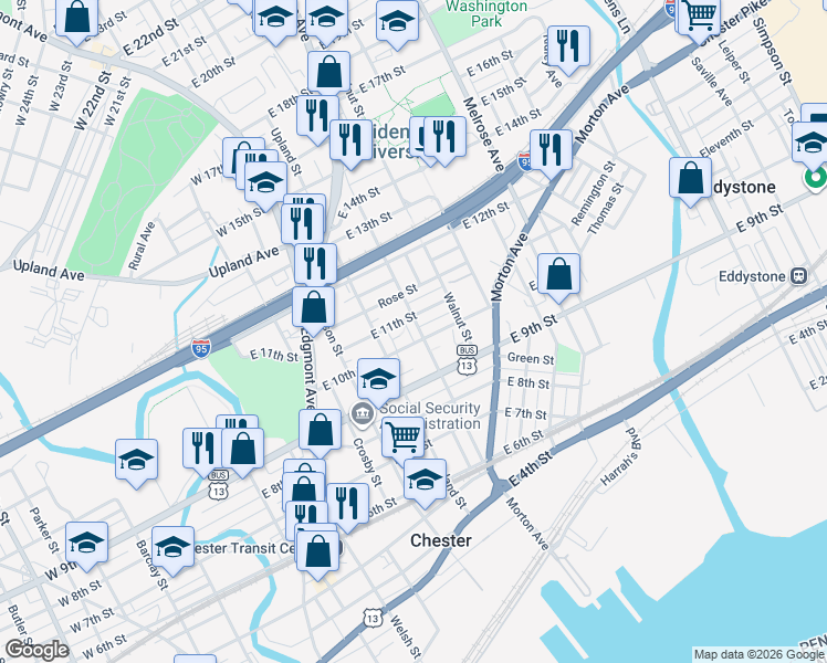map of restaurants, bars, coffee shops, grocery stores, and more near 1109 Potter Street in Chester