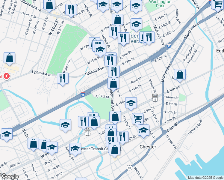 map of restaurants, bars, coffee shops, grocery stores, and more near 201 East 12th Street in Chester