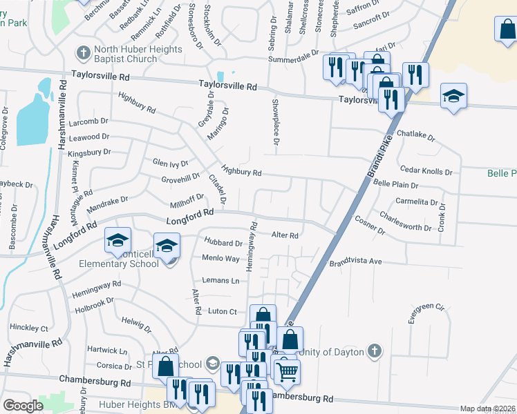 map of restaurants, bars, coffee shops, grocery stores, and more near 7127 Lunceford Drive in Dayton